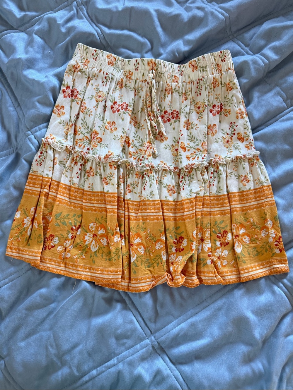Simplee Apparel Floral Tiered Mini Skirt in Mustard and Cream